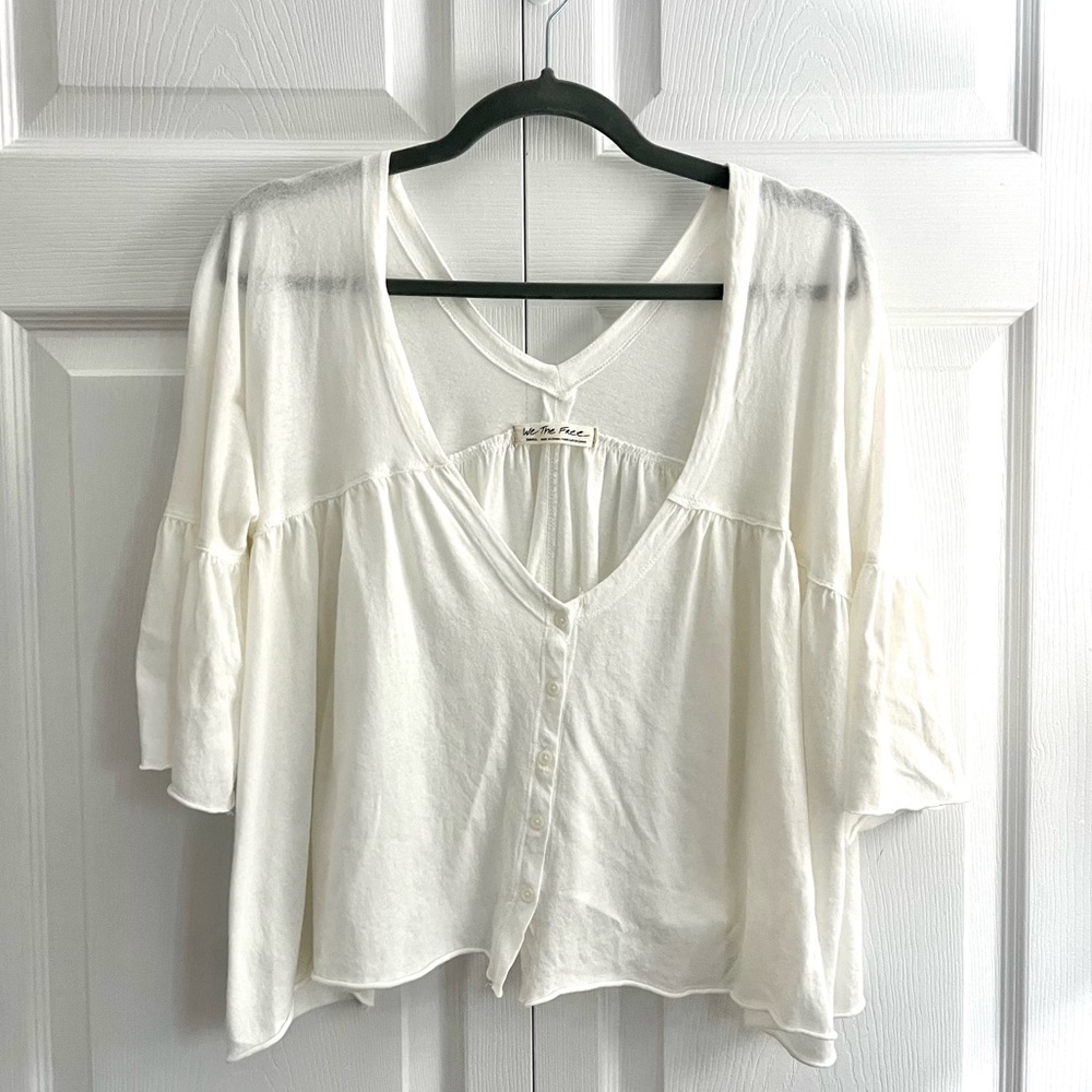 Free People White Peplum Sleeve Top, Size Small